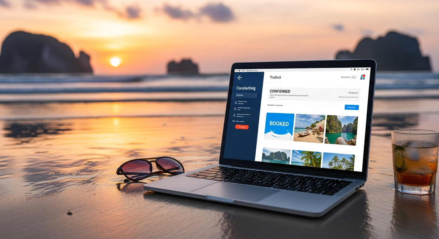 Person running a Supercruise travel franchise from a laptop on a tropical beach